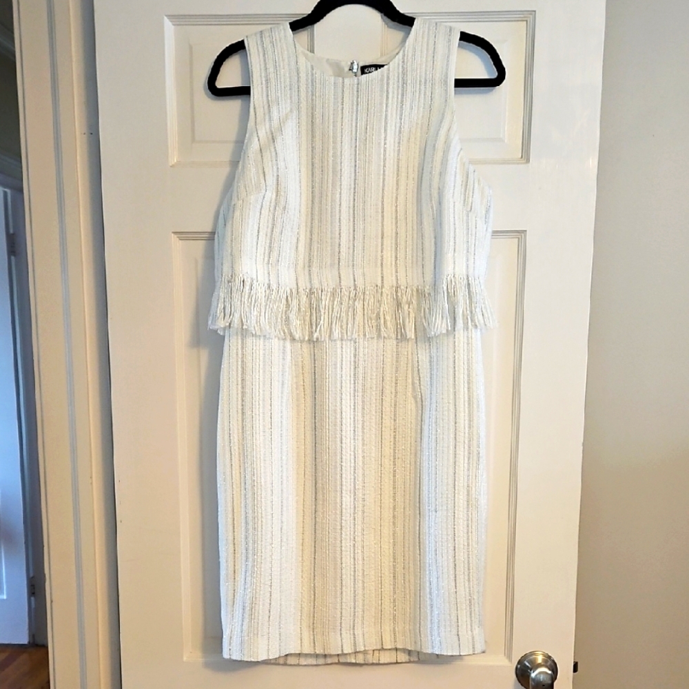NWOT! Karl Lagerfeld Paris Whire Silver Mettalic Striped Fringe Dress Size 8